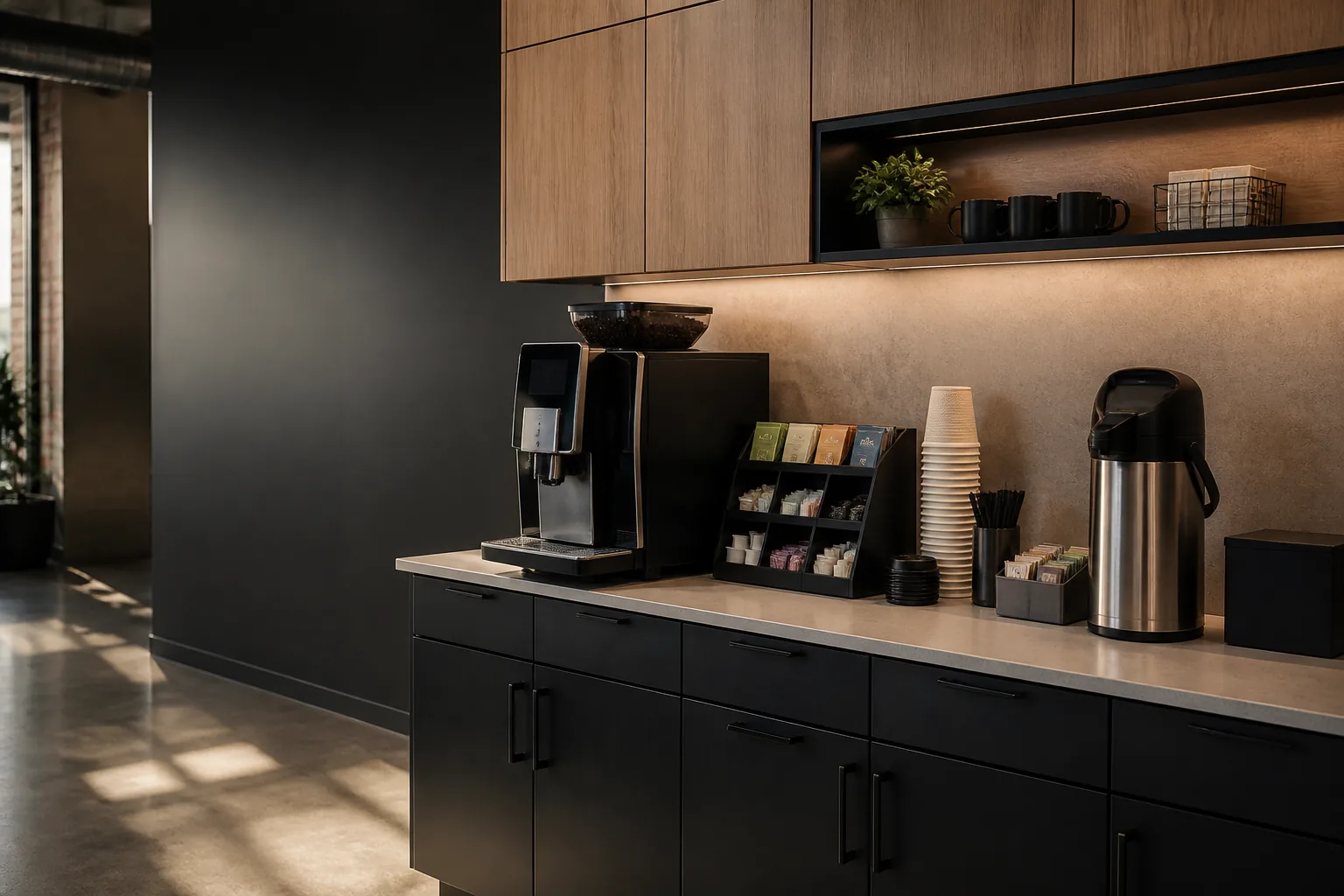 Contemporary workplace coffee station with coffee equipment and organized supplies